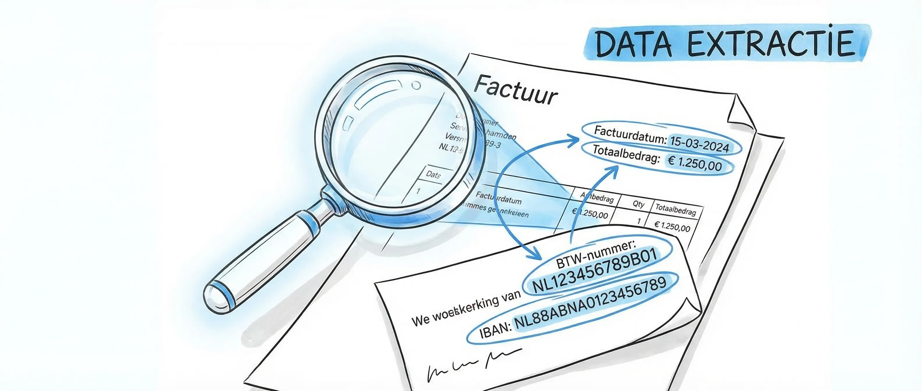 Schets van een vergrootglas dat data uit een factuur extraheert met blauwe accentkleuren.