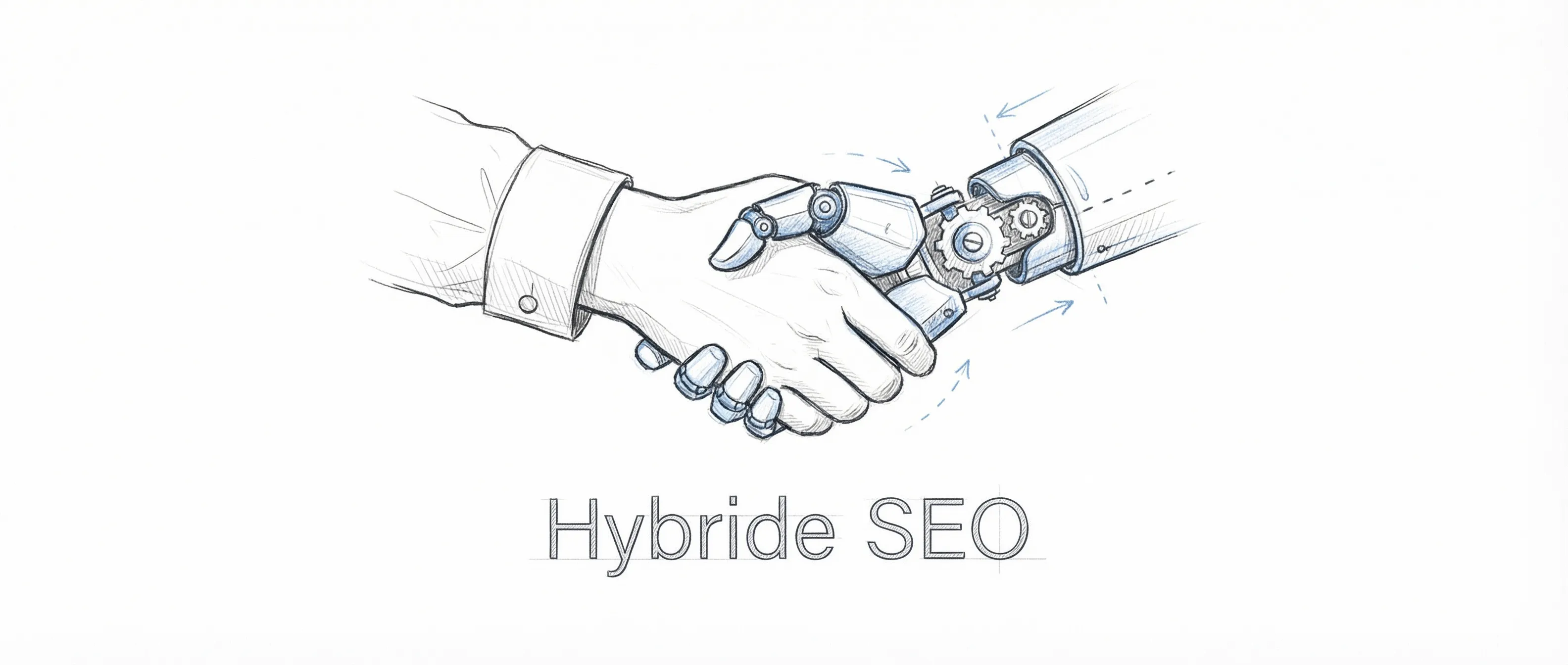 Handgetekende schets van menselijke en robotische samenwerking voor SEO groei.