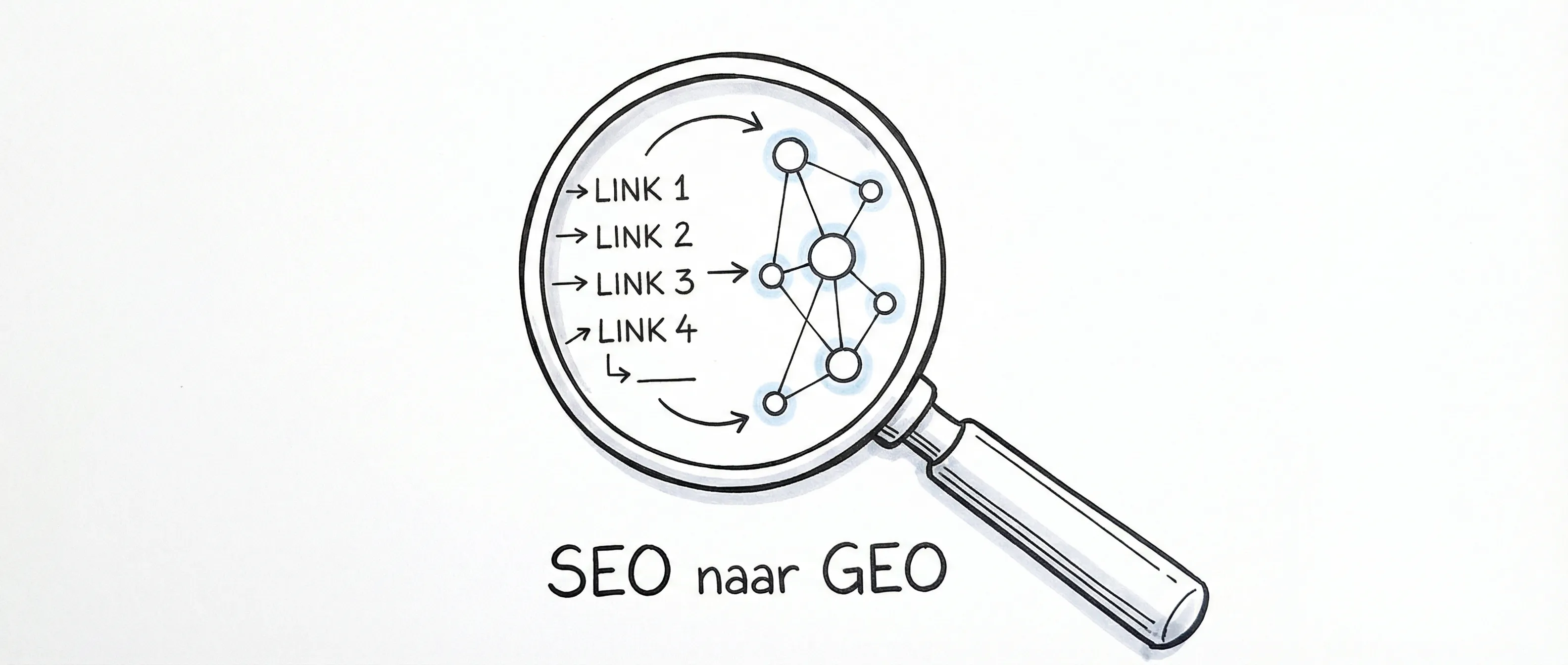 Handgetekende schets van de overgang van traditionele SEO naar AI-gedreven GEO.