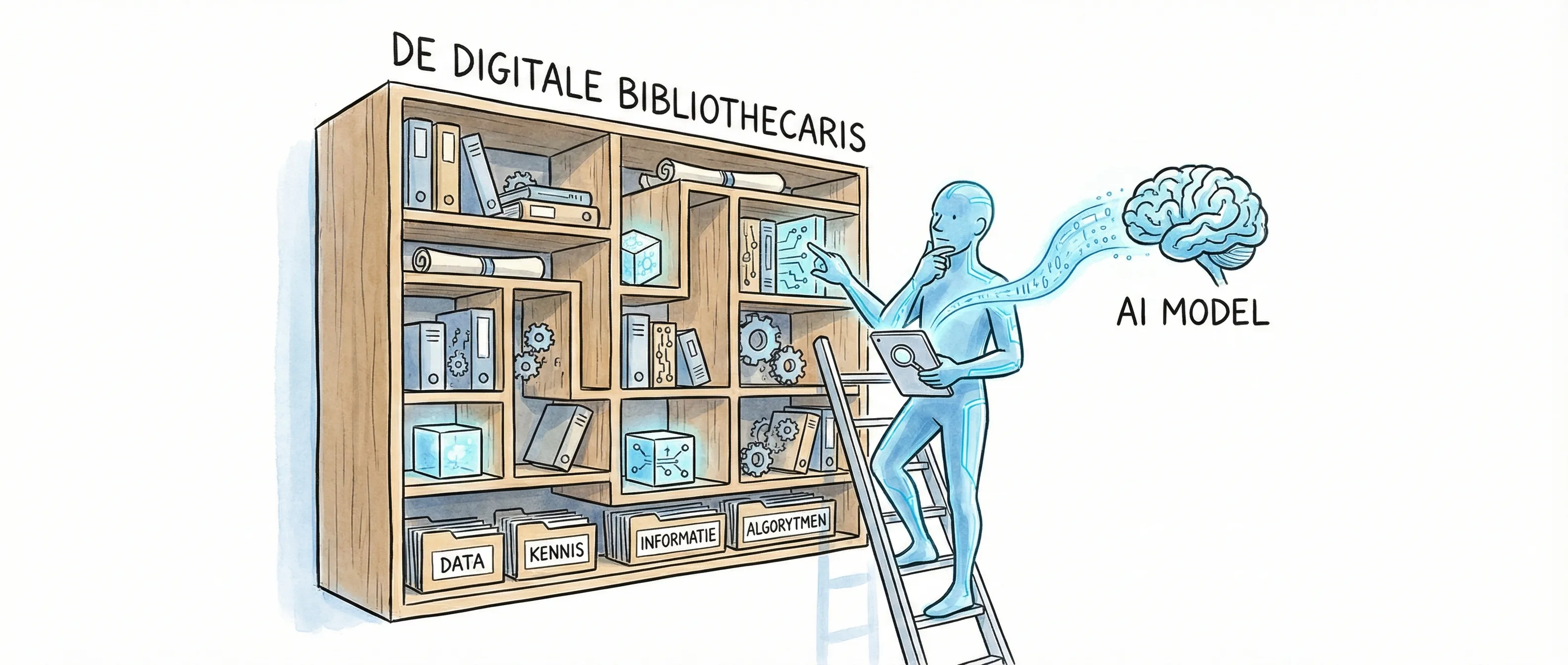 Handgetekende metafoor van een digitale bibliothecaris voor SEO en GEO synergie.
