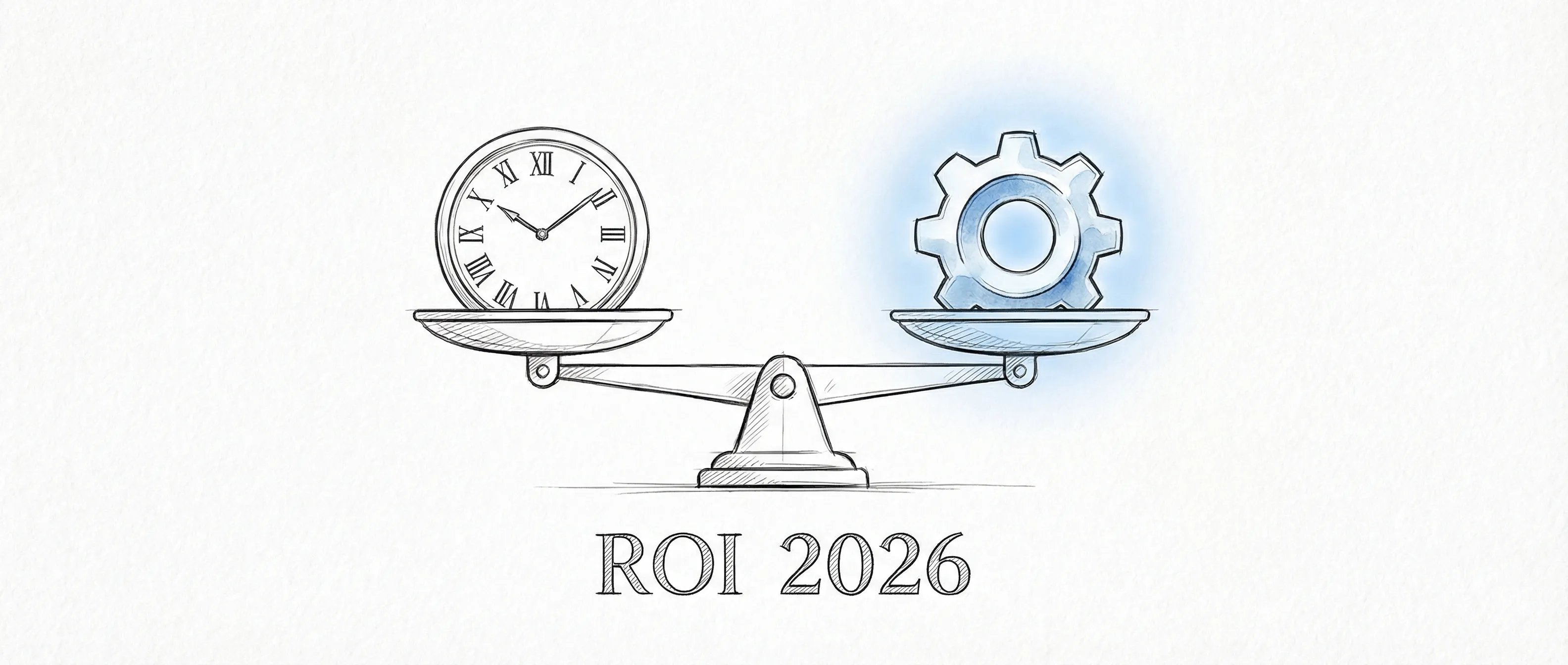 Handgetekende schets van een weegschaal die ROI en automatisering in 2026 vergelijkt.