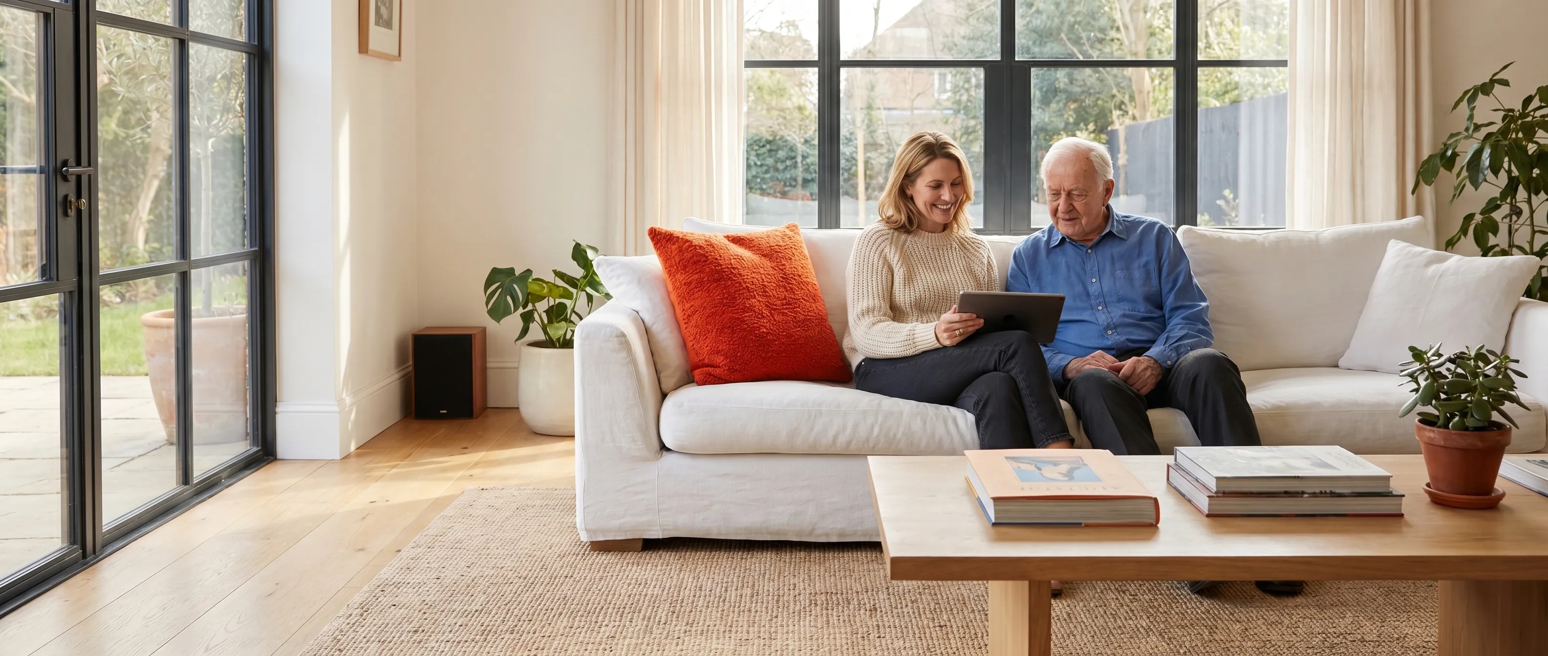 Planning van een particulier en ouderlijke verhuizing door een familie in een lichte moderne woonkamer