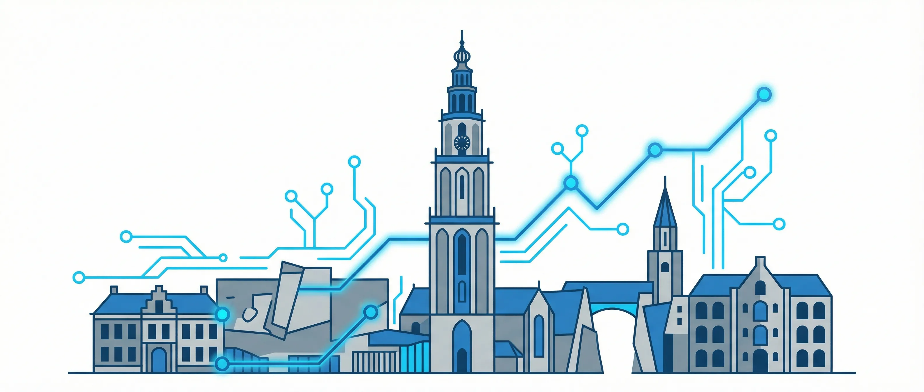 Digitale netwerklijnen over de skyline van Groningen die lokale SEO dominantie en structurele groei symboliseren