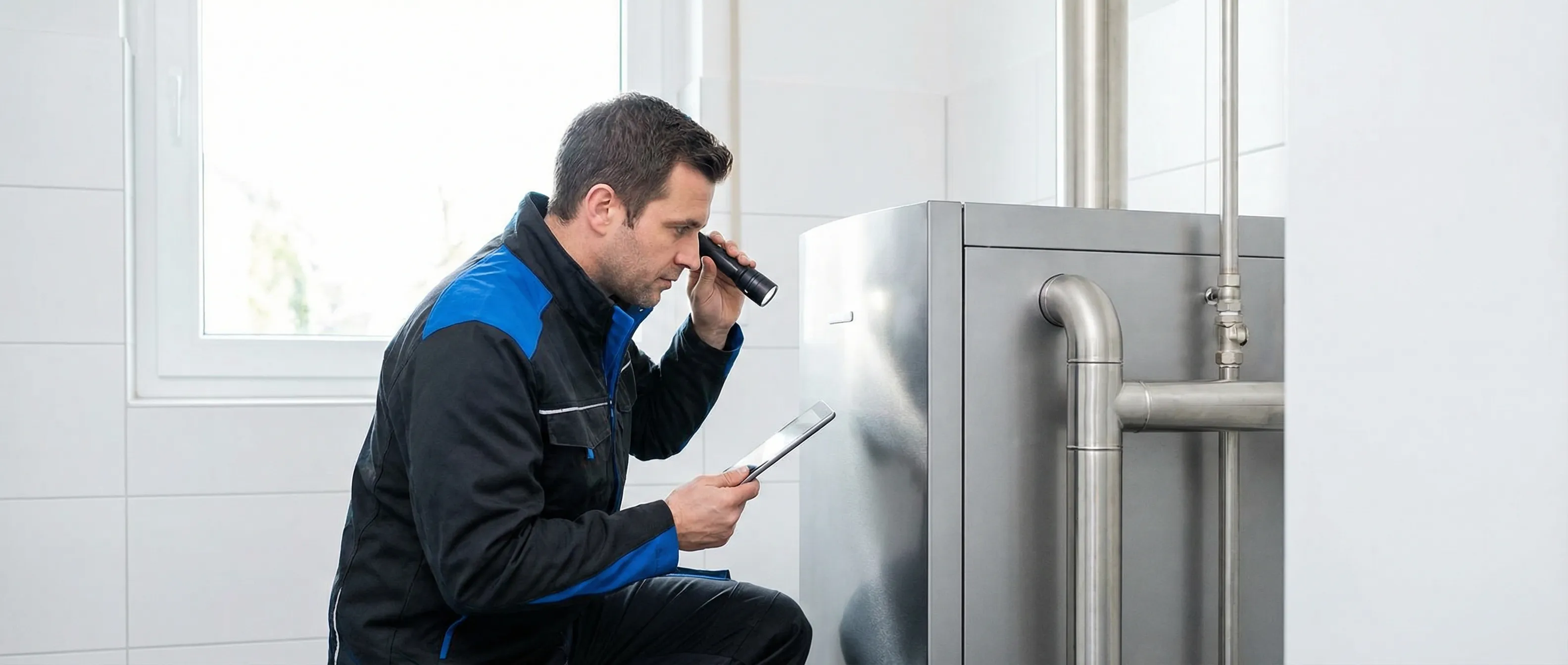 Specialist inspecteert installatie om te bepalen hoe vaak cv ketel onderhoud nodig is voor optimale levensduur