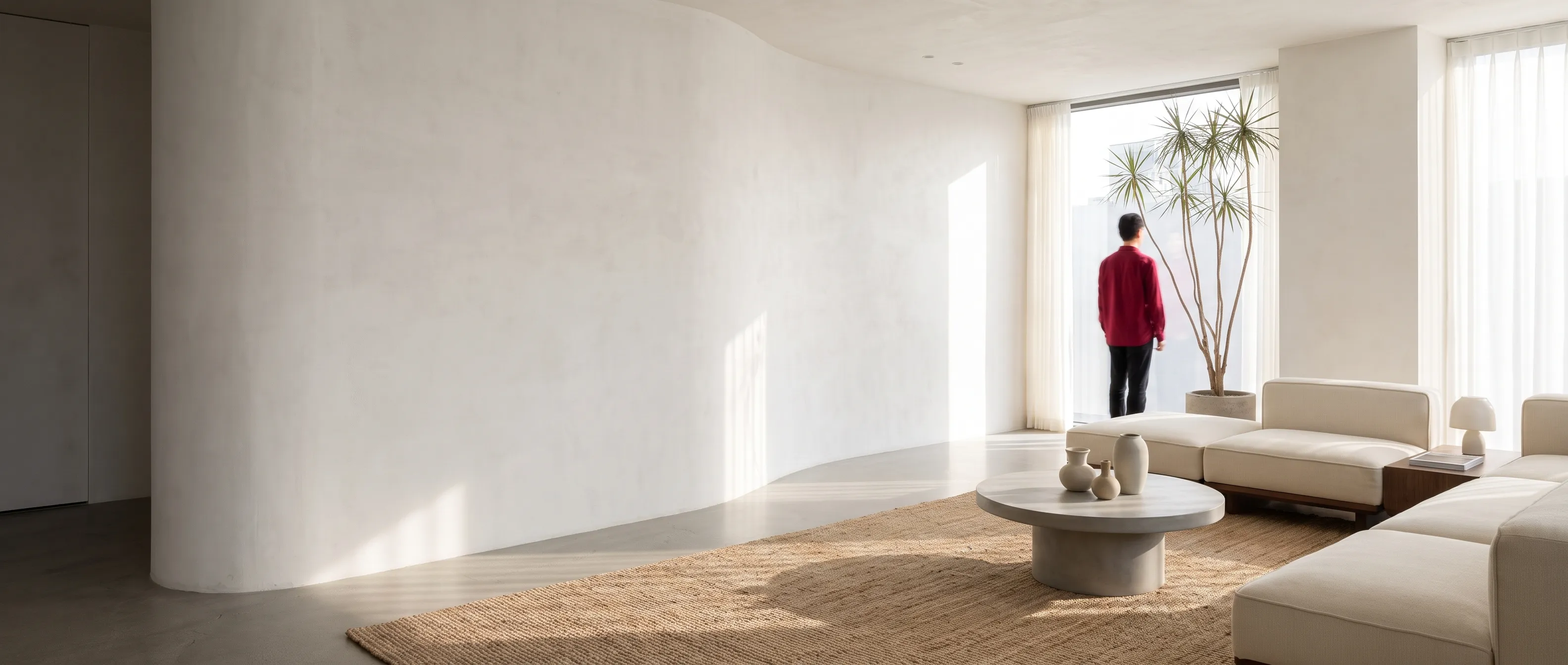 Moderne soorten stucwerk afwerking interieur met glad pleisterwerk en natuurlijke lichtinval in een woonkamer