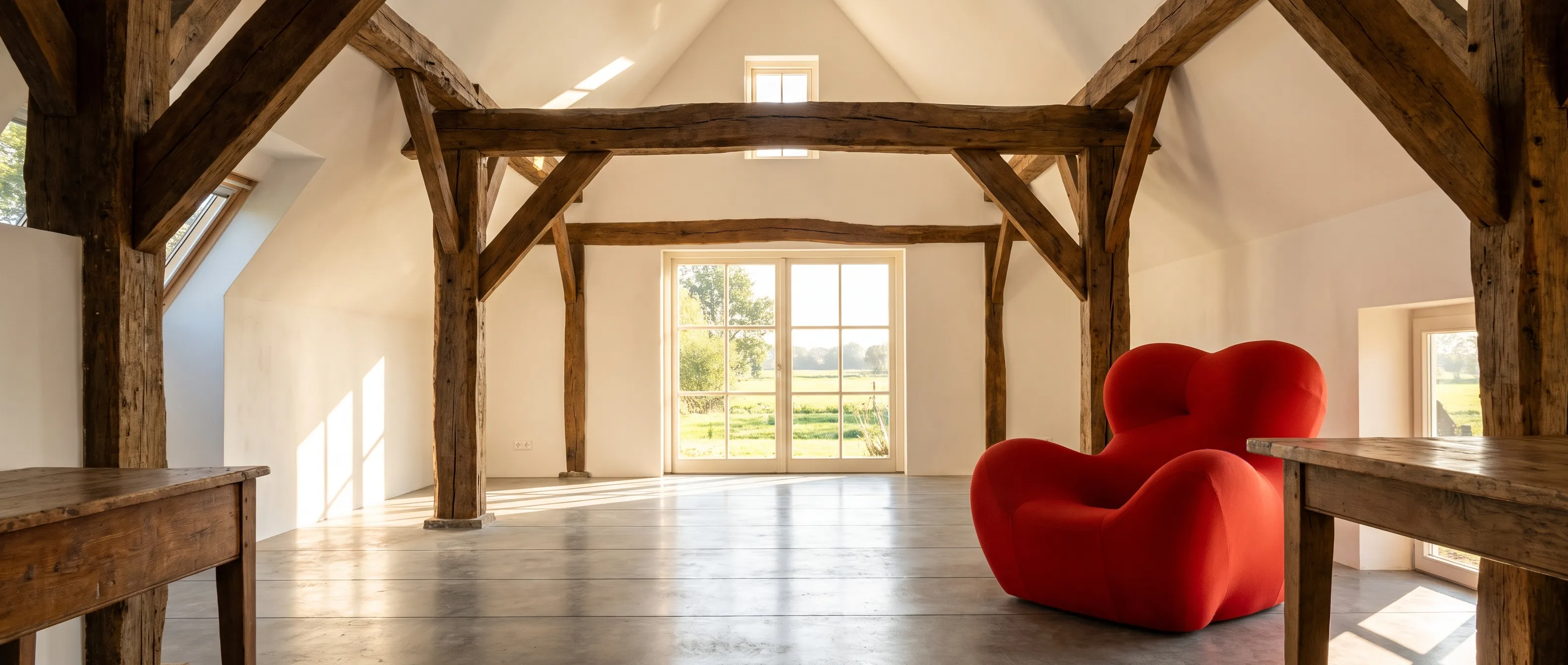 Harmonie tussen authentieke houten gebinten en modern stucwerk bij een boerderijrenovatie in Drenthe